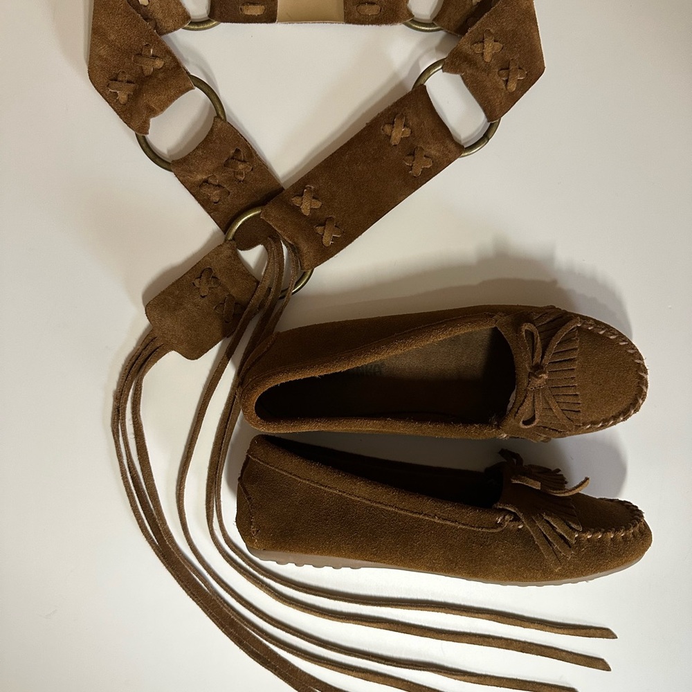 Moccasins and Belt Bundle!  
moccasins and fringe belt in new condition.